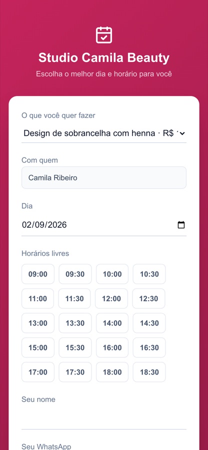 A página onde a cliente escolhe serviço, dia e horário