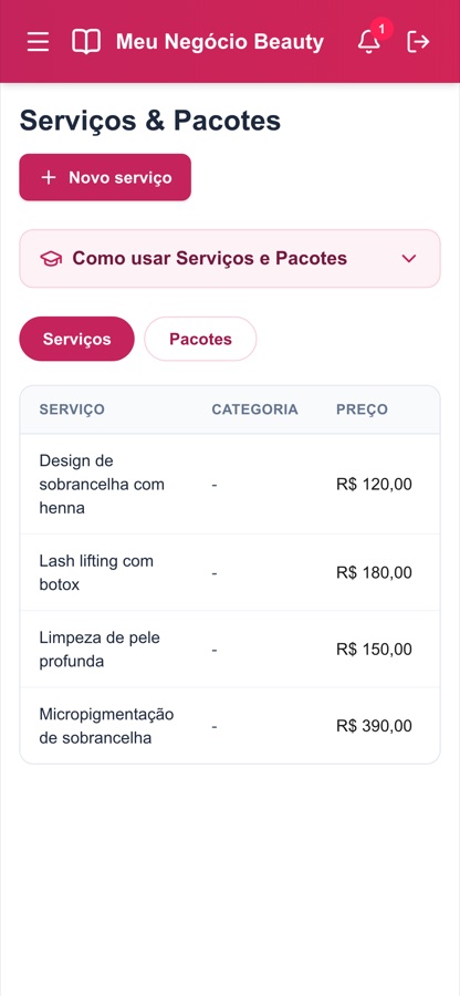 Lista de serviços com preço, custo e sobra